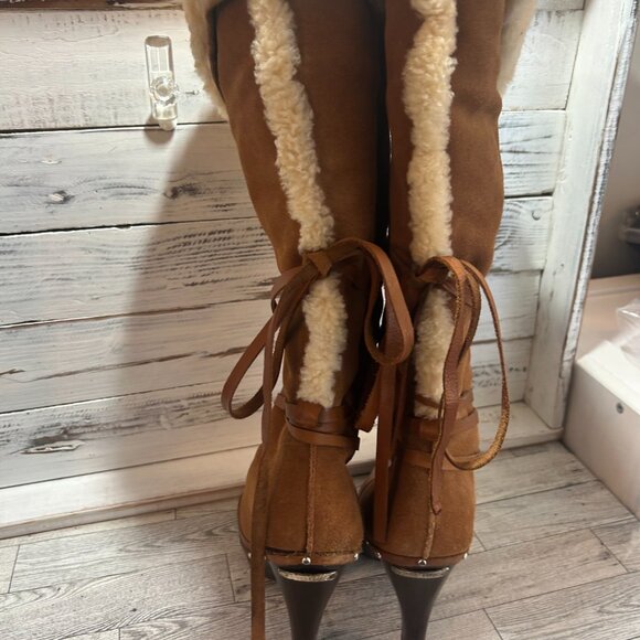 MICHAEL KORS Shearling Clog Over the Knee Boots in Chestnut Size 10 $350 MSRP - Picture 3 of 11